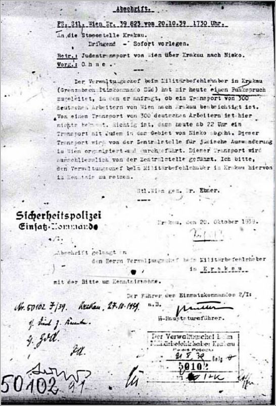Letter to the Gestapo in Krakow concerning the transport of Viennese Jews to the Nisko territory, 20 October 1939